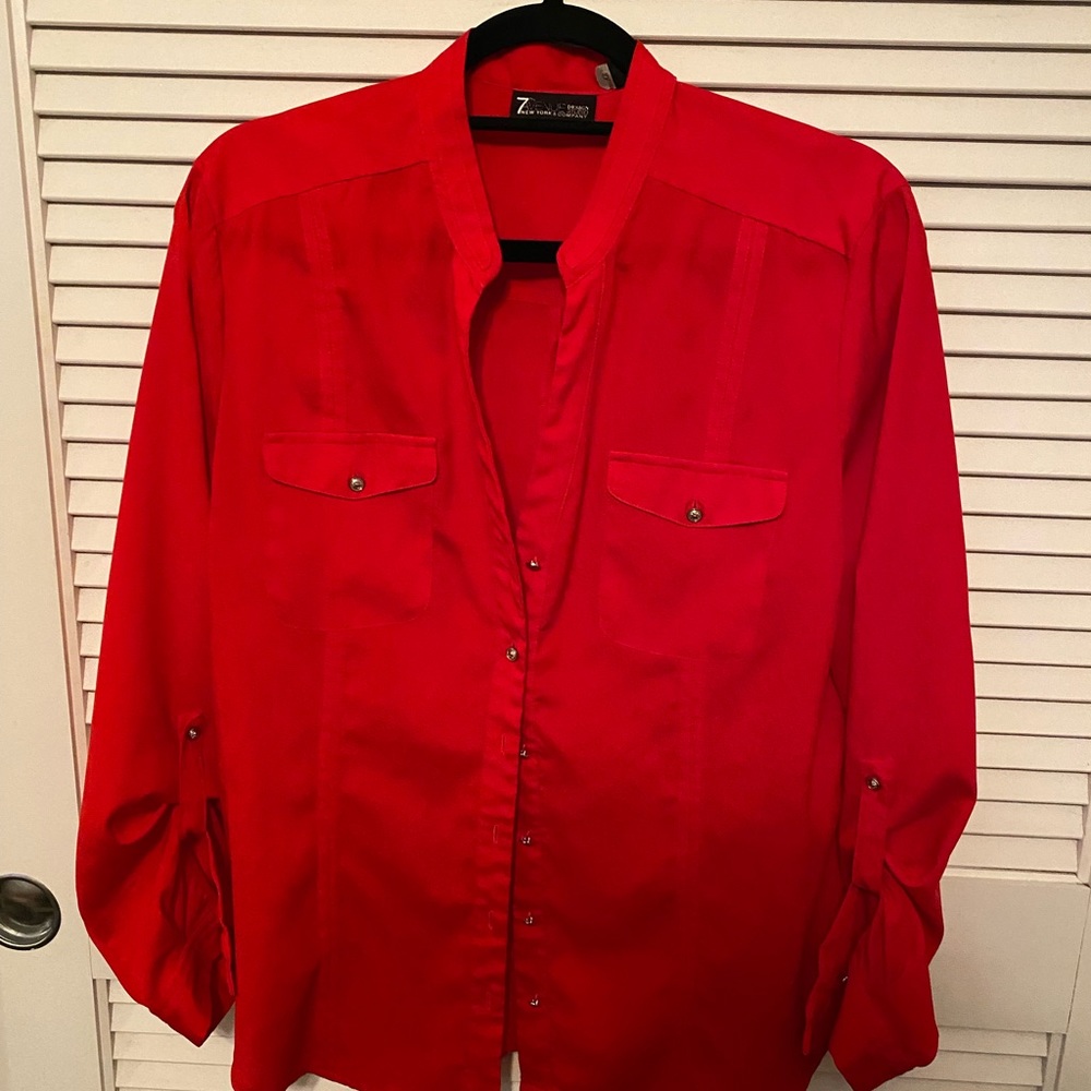 Red Long Sleeve Button down shirt.